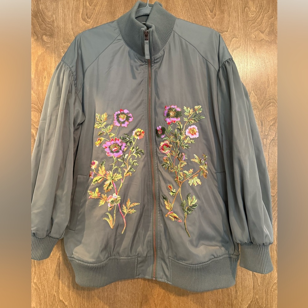Anthropologie Floral Embroidered Bomber Jacket